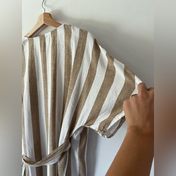 Faherty Willow Wrap Dress Bronze Stripe Short Sleeve Linen Blend Size Medium - Picture 10 of 11